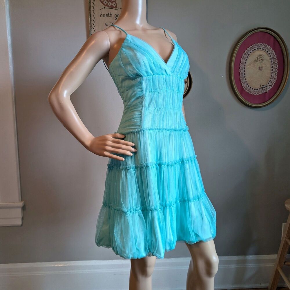 Vintage Y2K Gunne Sax Mini Dress Blue Mesh Fairycore Bubble Hem Prom Balletcore